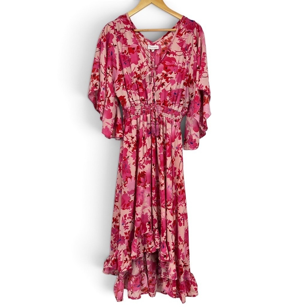 Boemo Pink Floral Maxi Dress Large Smocked Waist High-Low Ruffle Flutter Sleeve